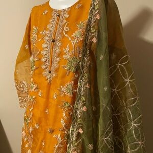 Embroidered Orange and Green Traditional Dress
